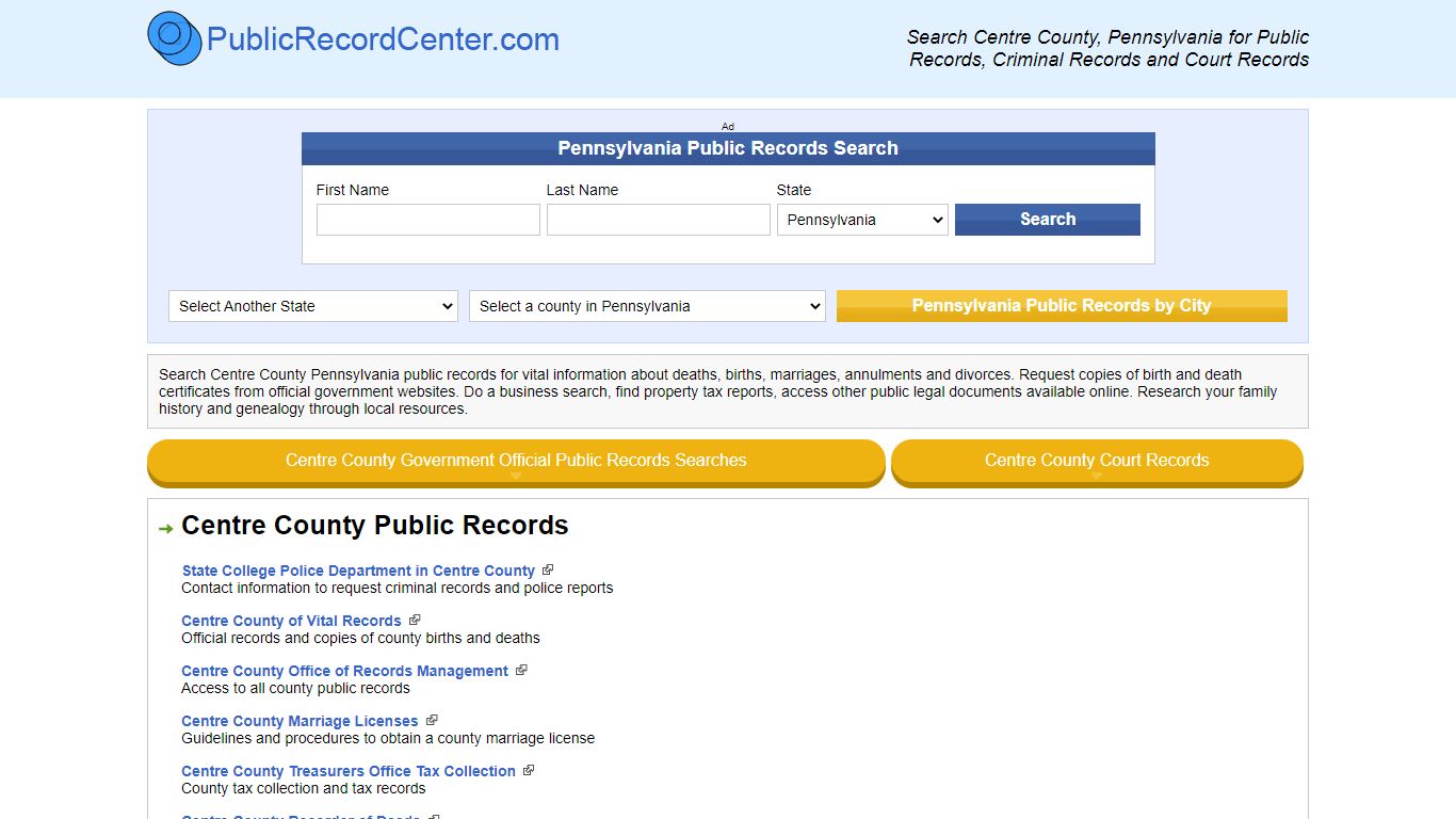 Centre County Pennsylvania Free Public Records - Court Records ...